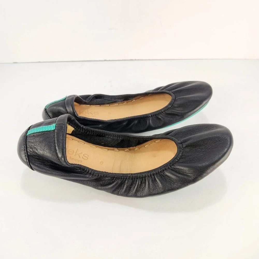 Tieks Black Leather Ballet Flats Women's Size 6 Turquoise Soles Slip On